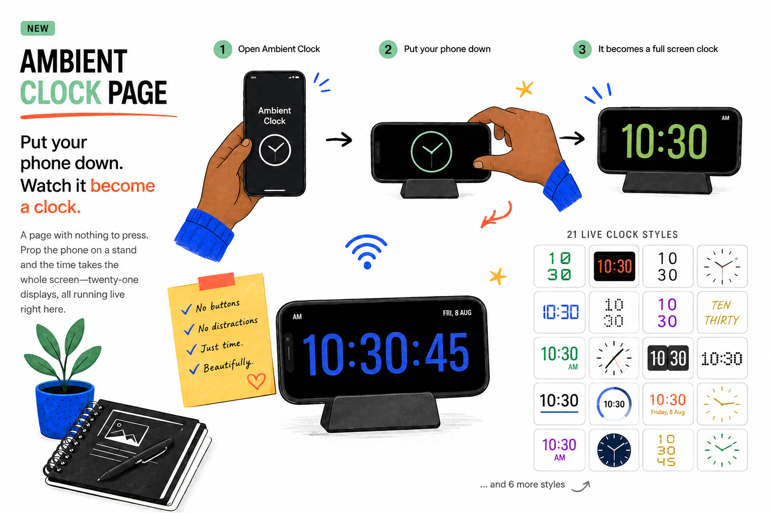 Ambient Clock walkthrough: open the page, prop the phone on a stand, and the time takes over the whole screen, shown beside a grid of twenty-one clock styles.