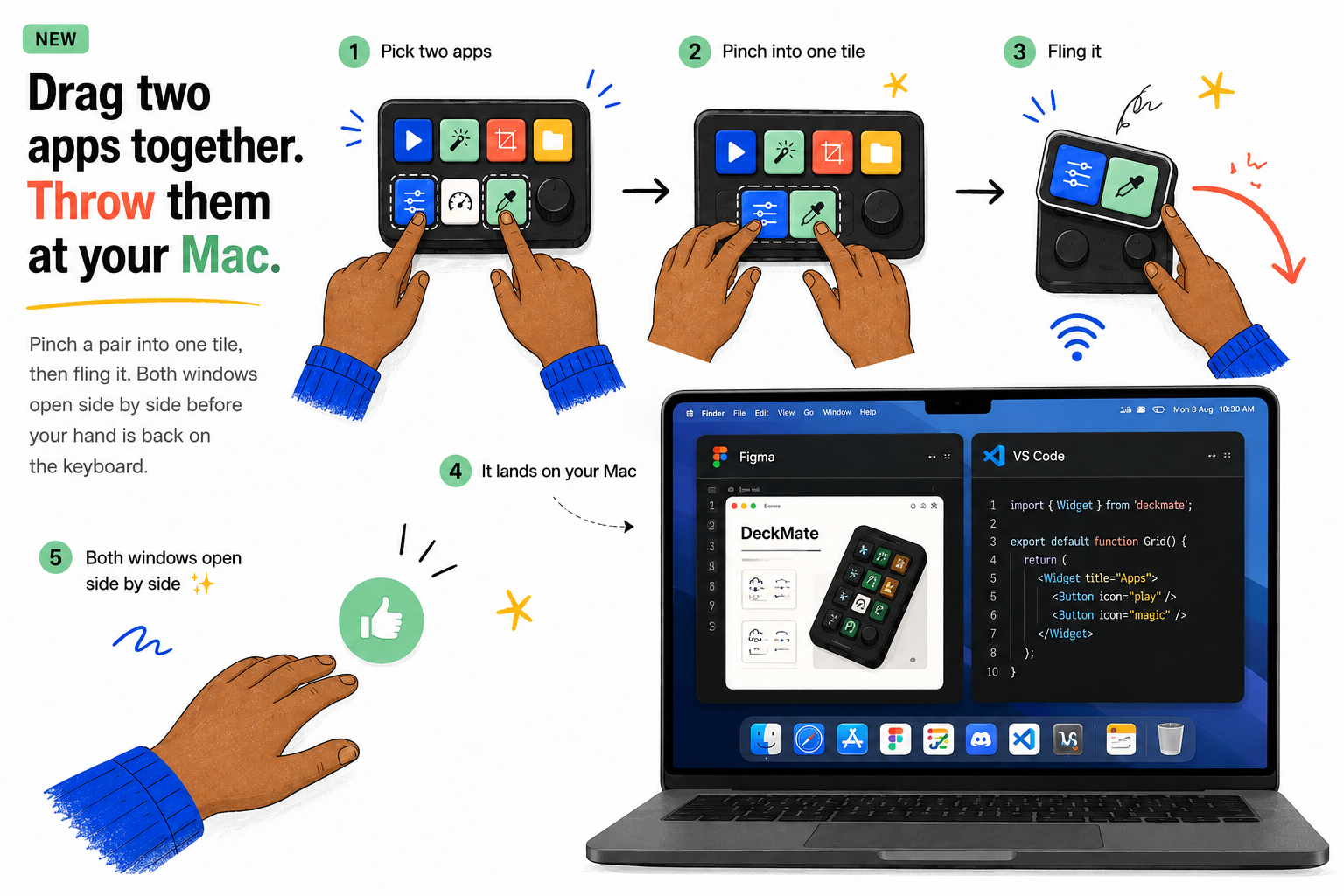 App throw walkthrough: pick two apps, pinch them into one tile, fling it, it lands on your Mac and both windows open side by side.