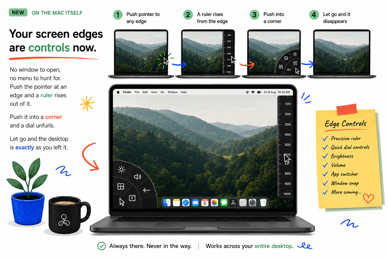 Edge controls walkthrough: push the pointer to any edge, a ruler rises from it, push into a corner and a dial unfurls, let go and it disappears.