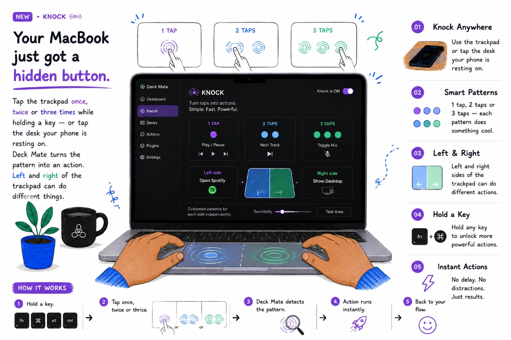 Knock feature: MacBook with hands on trackpad tapping 1, 2 or 3 times. Shows 1 TAP, 2 TAPS and 3 TAPS patterns, the Deck Mate Knock screen with Play/Pause, Next Track and Toggle Mic actions, and the full How It Works flow.